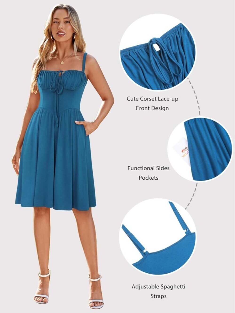 Women's Blue Summer Mini Corset Casual Dresses Spaghetti Straps Lace Up - Picture 7 of 7